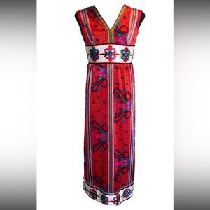 VTG Wilroy traveller NY Satin Print Handmade Maxi Dress RED Abstract 70s Groovy
